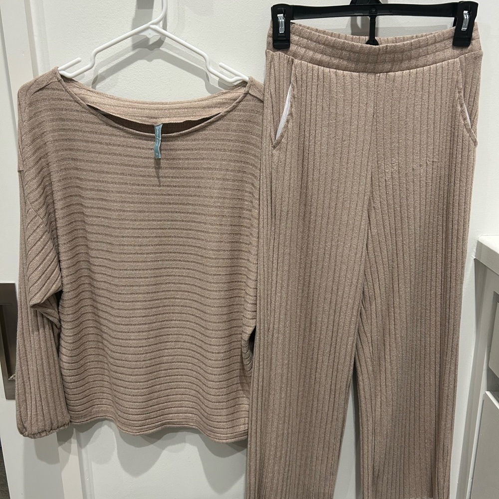 The Southern Shirt Company Ribbed Lounge Set in Tan
